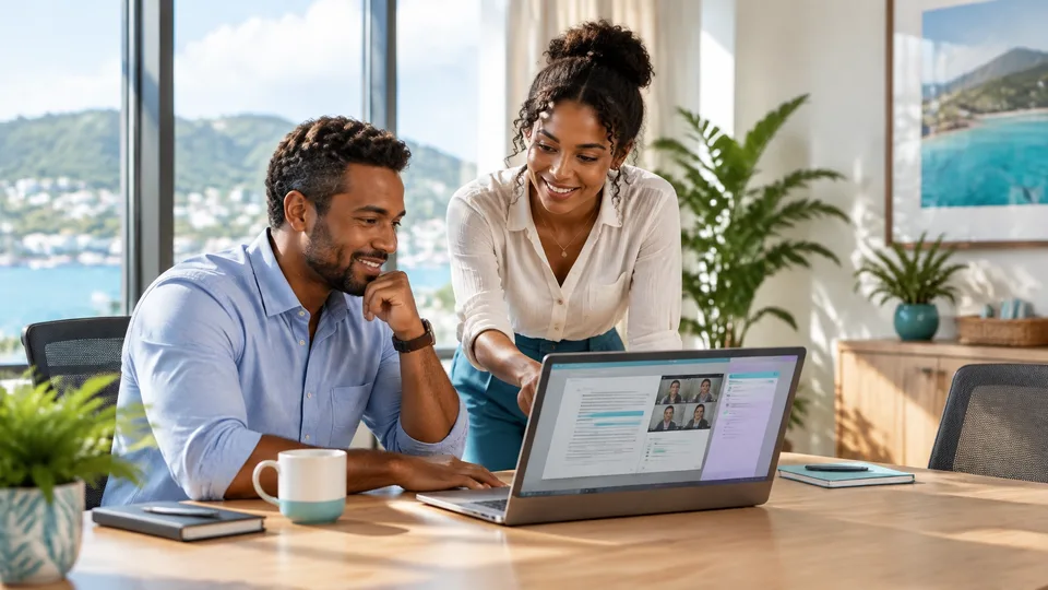 Colleagues in a bright Caribbean office using a laptop to work on business documents