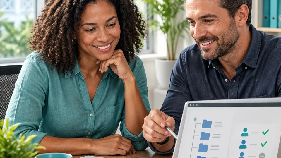 Business owner and IT adviser reviewing access permissions and a simple file structure