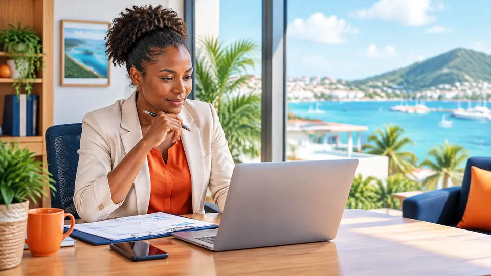 Business professional reviewing an invoice and payment approval checklist in a bright British Virgin Islands office