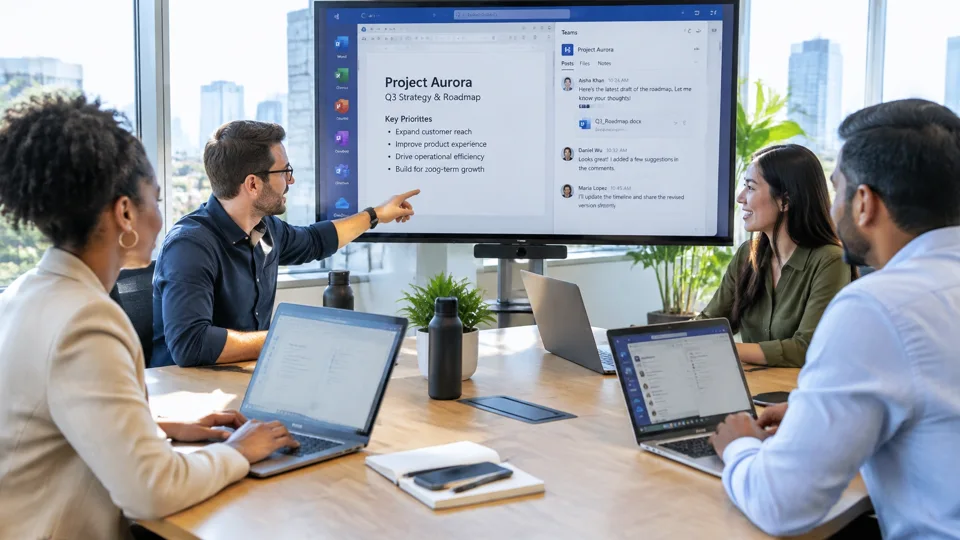 Business colleagues using Microsoft 365 and collaboration tools in a bright office