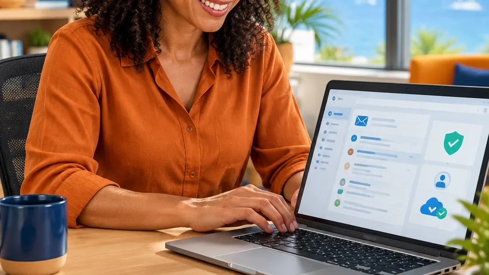 Business owner using secure Microsoft 365 sign-in with a smartphone and security key in a modern Caribbean office