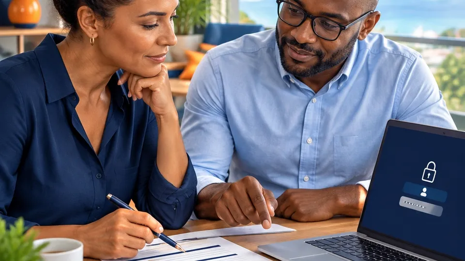 Office manager and IT adviser reviewing a calm incident response checklist after a suspected payment fraud