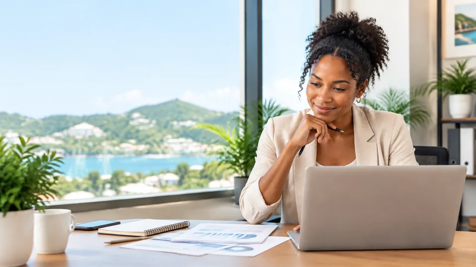 BVI business owner reviewing a 2027 technology budget in a bright modern office