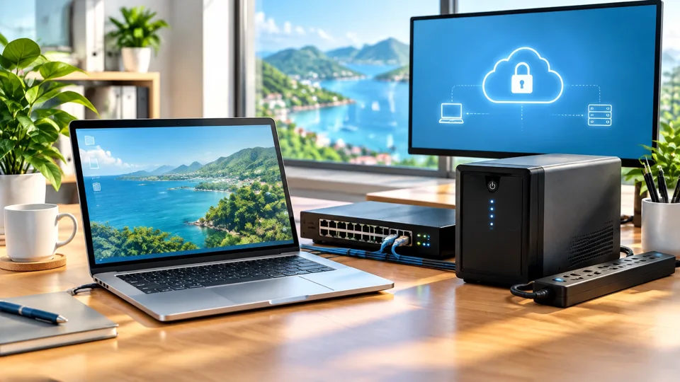 Laptop, network equipment, UPS and secure cloud backup illustrating practical business continuity