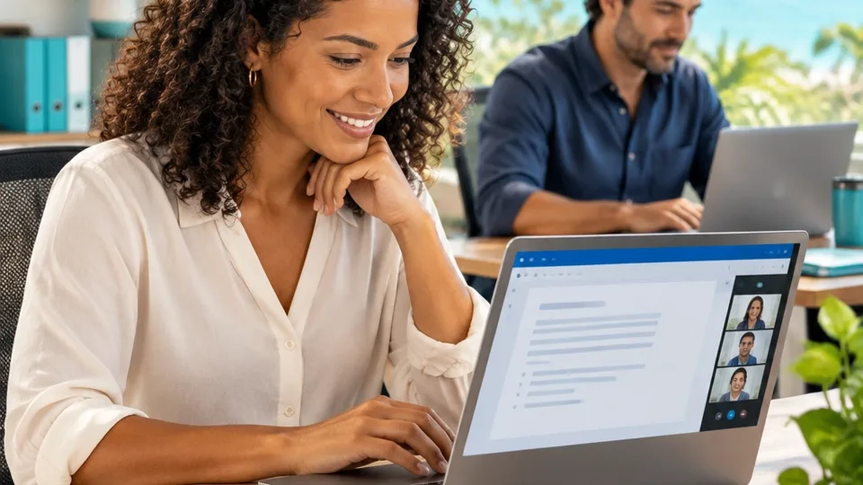 A professional reviewing meeting notes and preparing a client follow-up on a laptop