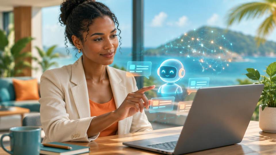 Business professional exploring AI assistant tools on a laptop in a bright office.