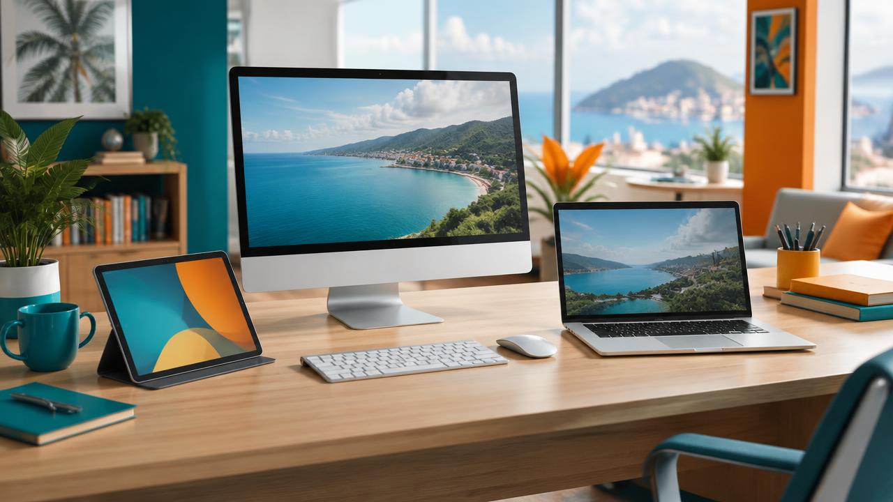 Premium desktop, laptop and tablet systems in a bright Caribbean workplace.
