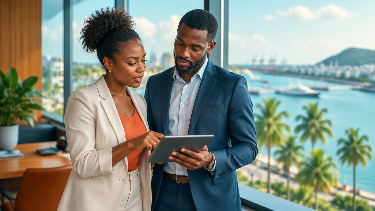 Caribbean business professionals reviewing technology plans on a tablet.