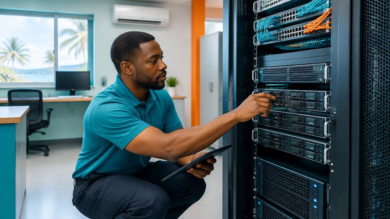 Technician inspecting reliable rack-mounted business servers.