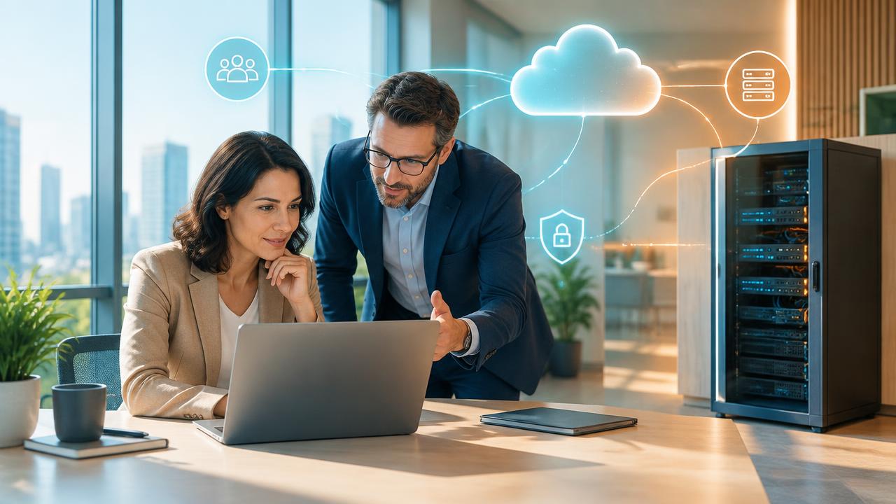 Consultants planning a secure hybrid cloud environment for a business.