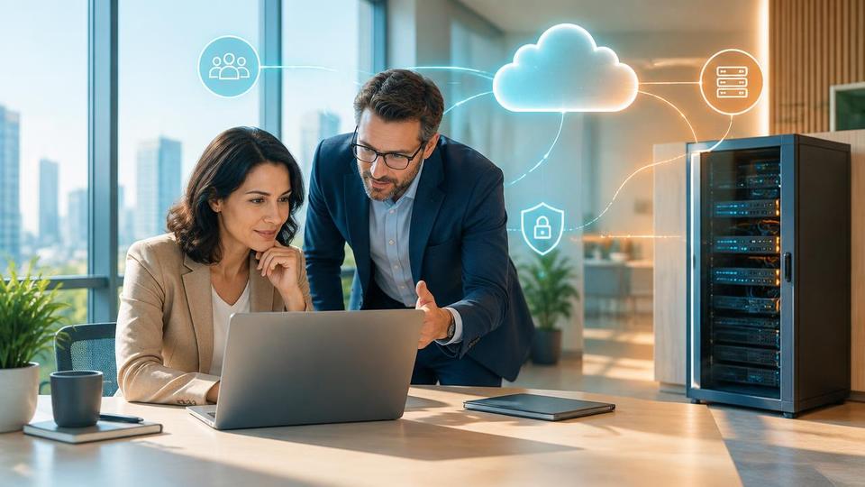 Consultants planning a secure hybrid cloud environment for a business.