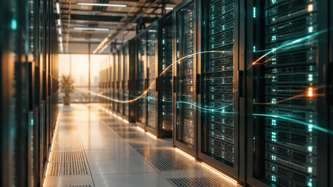 Cloud infrastructure: server racks with connectivity light trails.