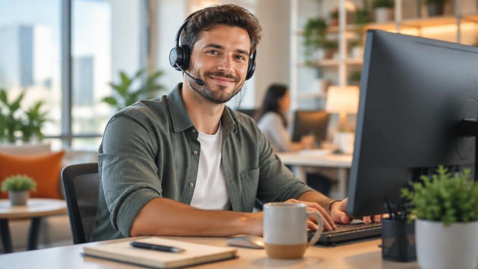 Helpdesk technician with a headset providing technical support.