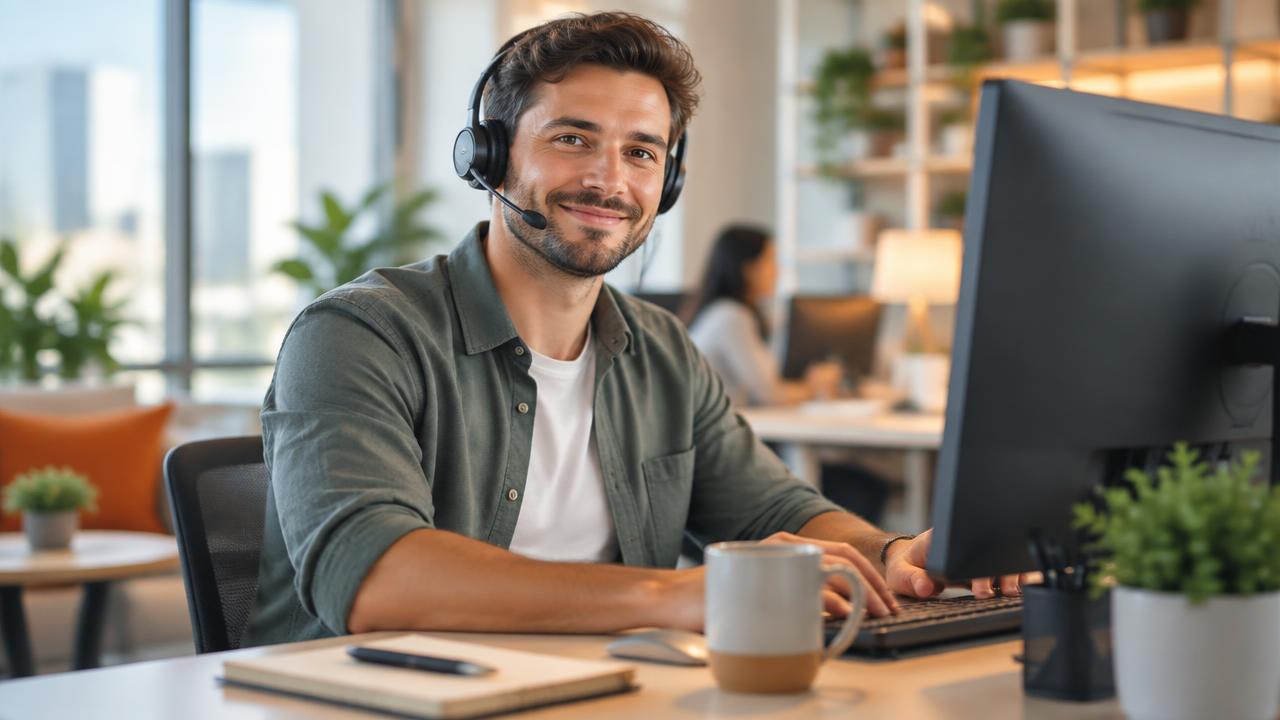 Helpdesk technician with a headset providing technical support.