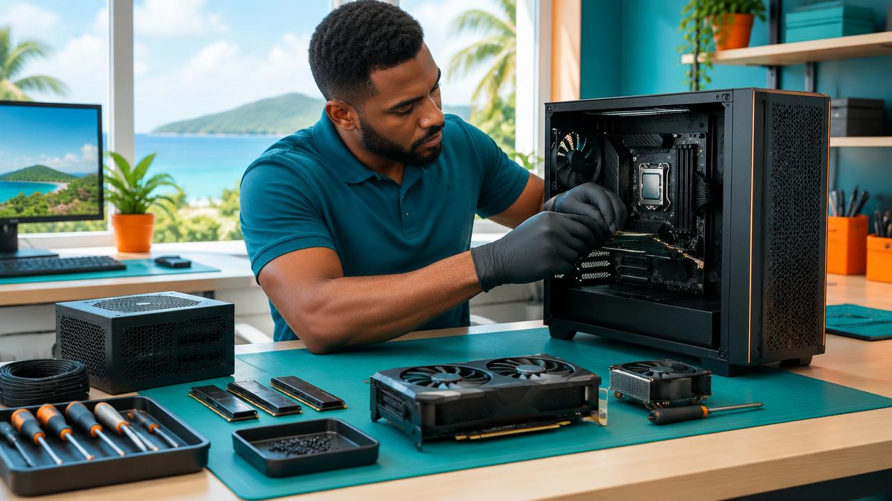 Technician assembling a custom desktop computer at a professional workbench.