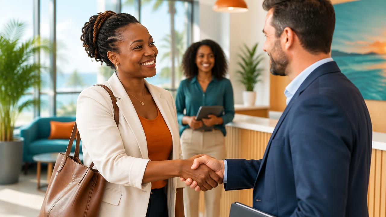 Caribbean business client and Fresh Mango consultant shaking hands.