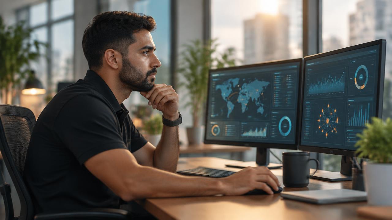 Security operations analyst monitoring threat protection dashboards.