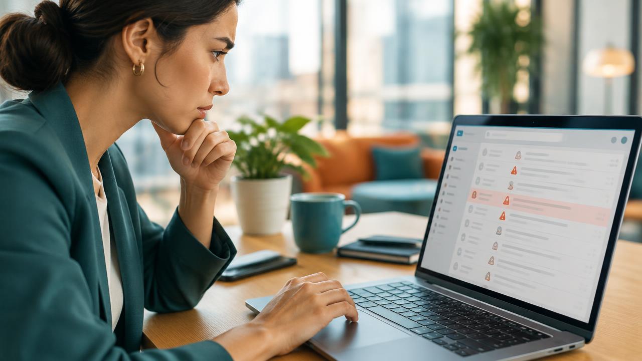 Business user carefully reviewing a suspicious email on a laptop.