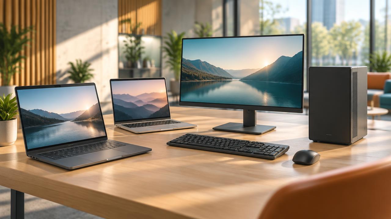 Business laptops, desktop PC, monitor and peripherals on a desk.