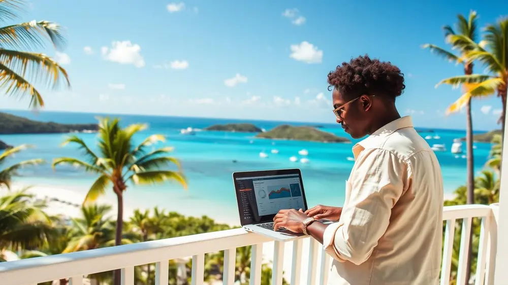 Business professional working on a laptop with the turquoise British Virgin Islands seascape in the background.