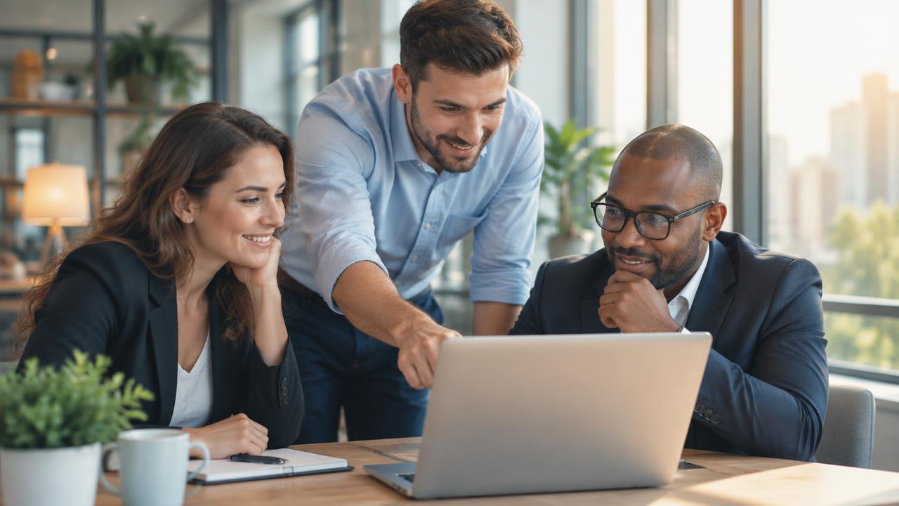 IT engineer supporting business users at a laptop in a bright office.