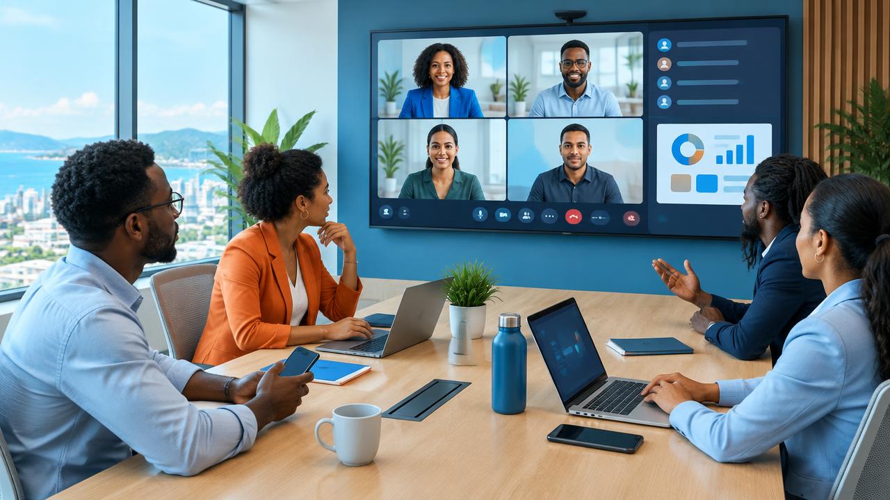 Business team collaborating in a hybrid Microsoft Teams meeting.