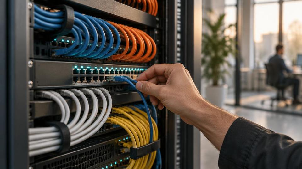 Structured cabling and network switch in a tidy office comms cabinet.