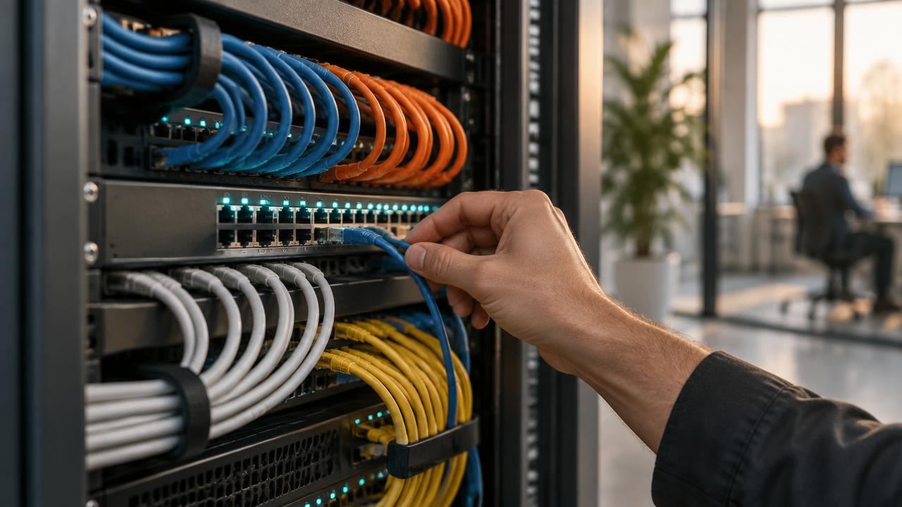 Structured cabling and network switch in a tidy office comms cabinet.