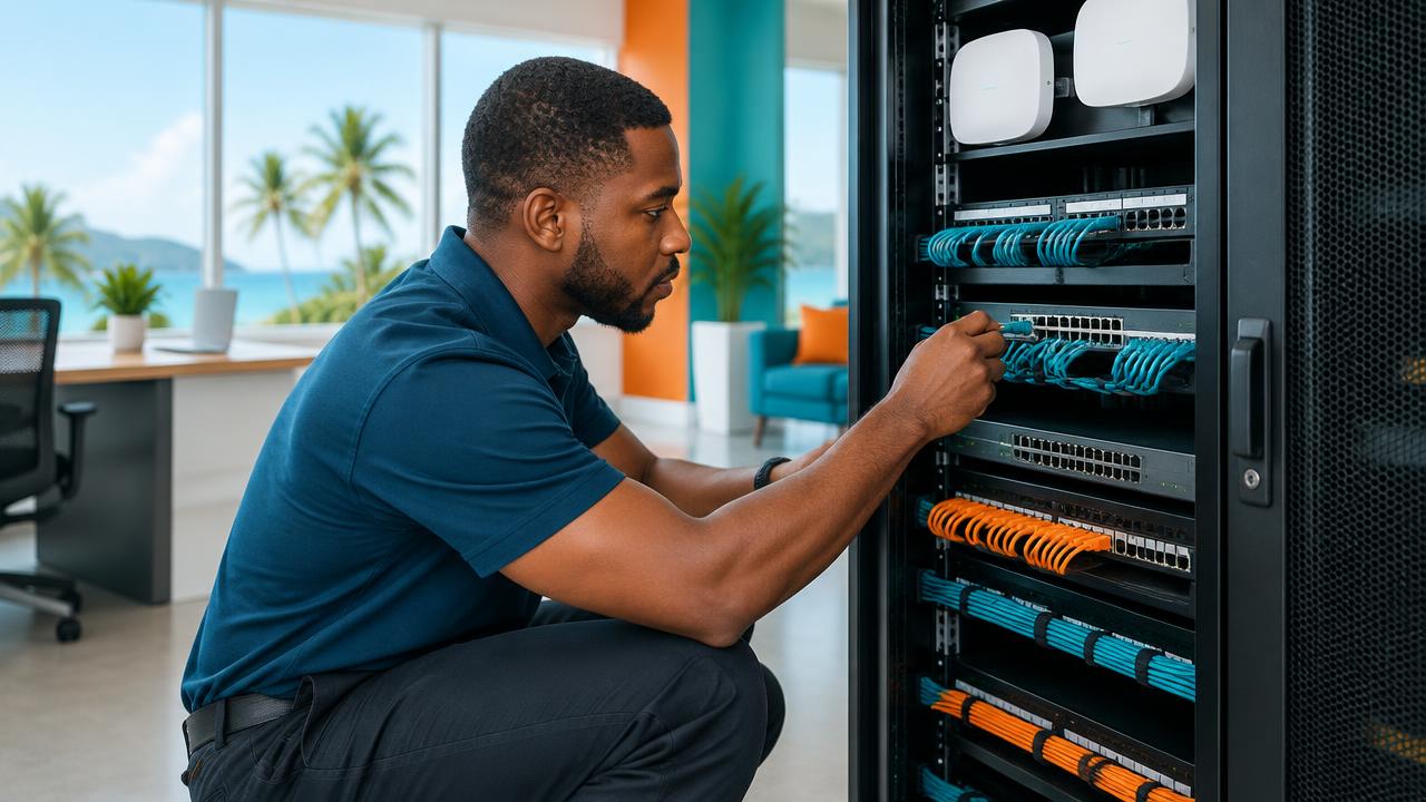 Technician working on organised network switches and structured cabling.