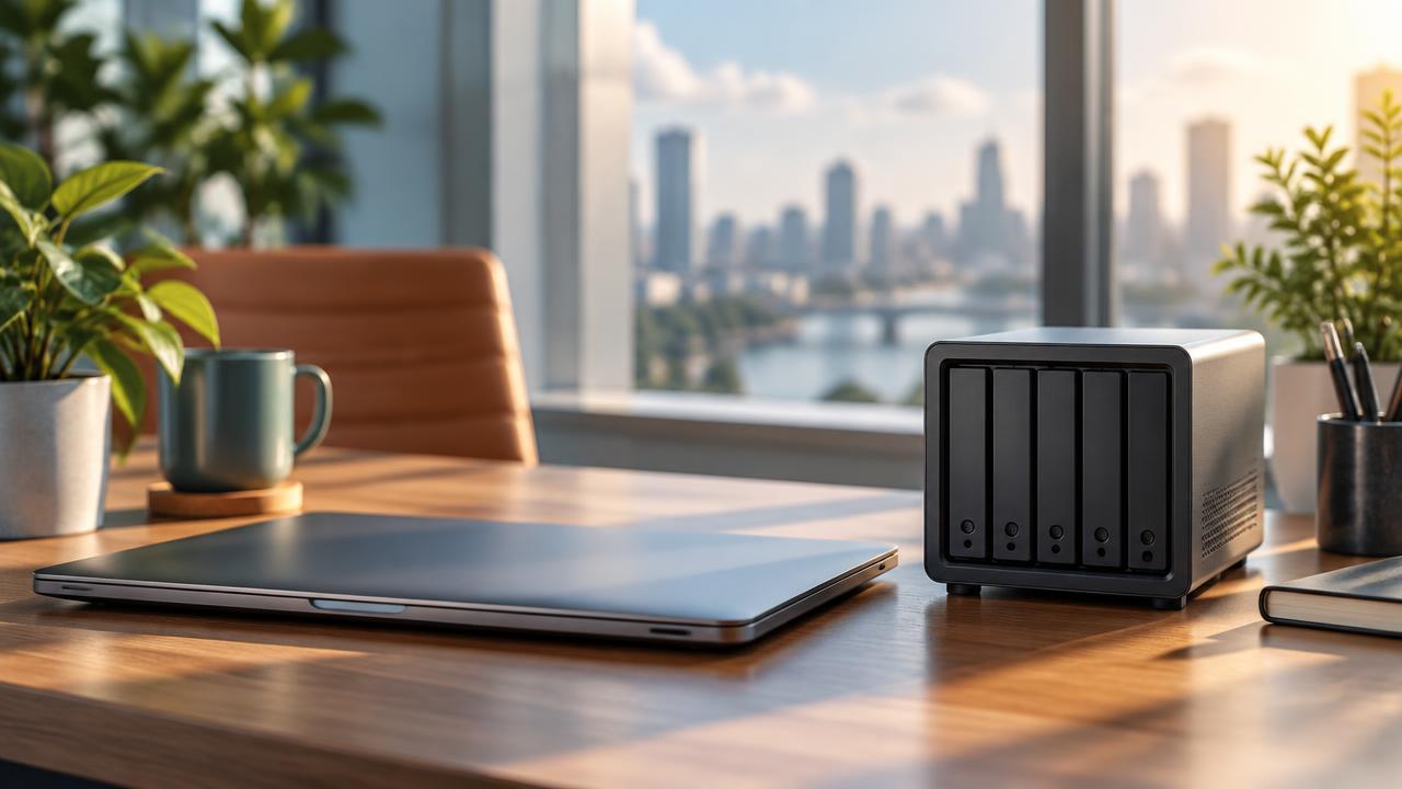 Secure backup and disaster recovery hardware beside a business laptop.