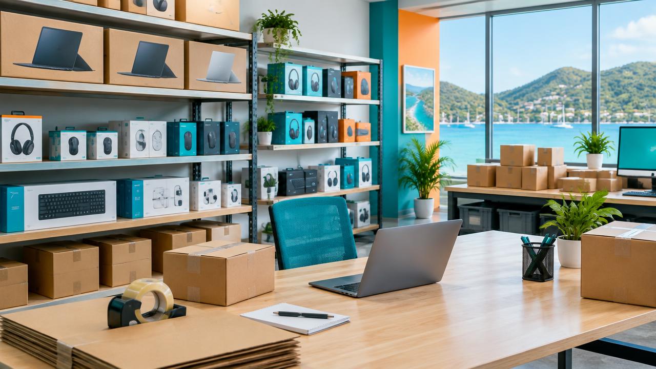 Business computers and accessories ready for customers in a Caribbean technology store.