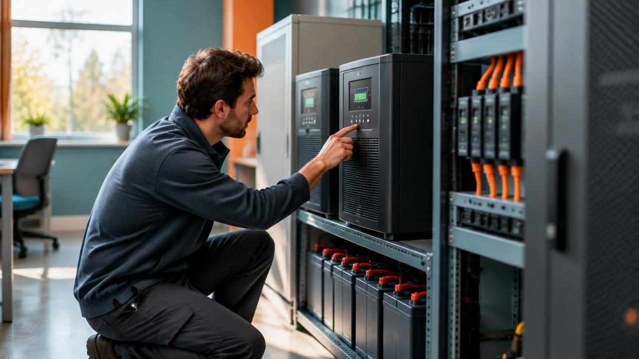 Technician checking uninterruptible power supply batteries in an office comms room.