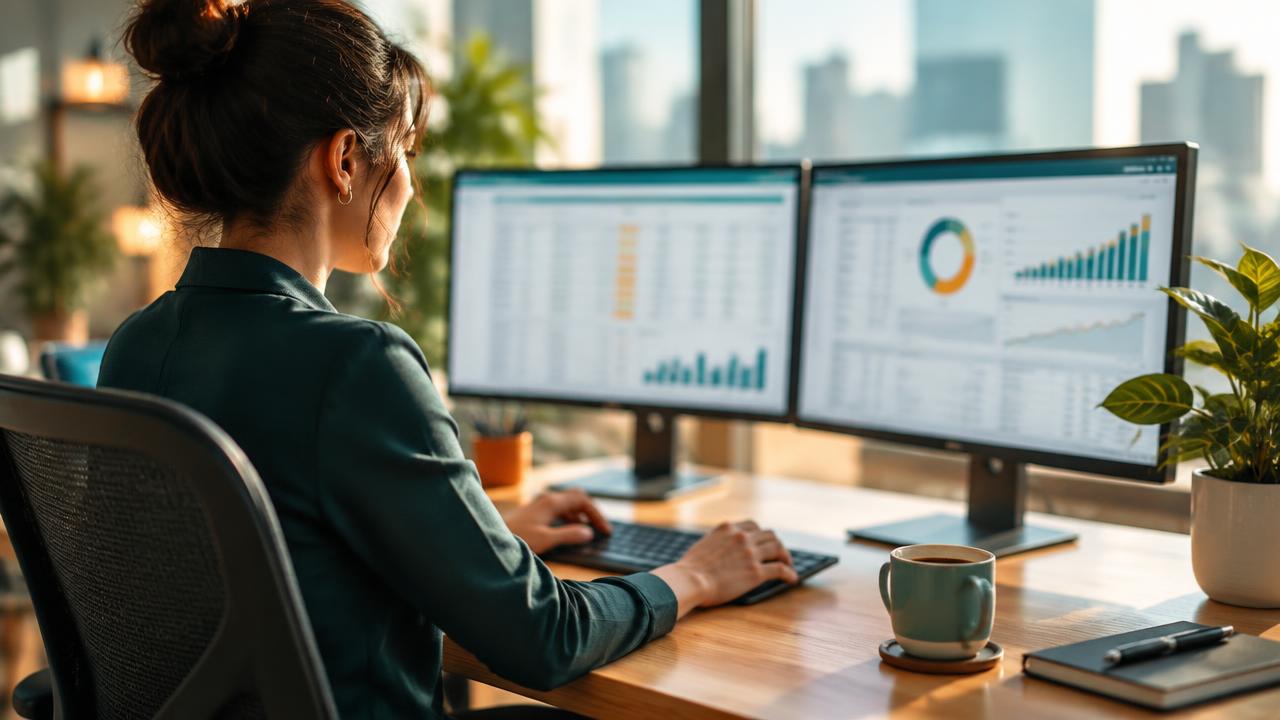 Focused professional working efficiently at a well set-up office desk.