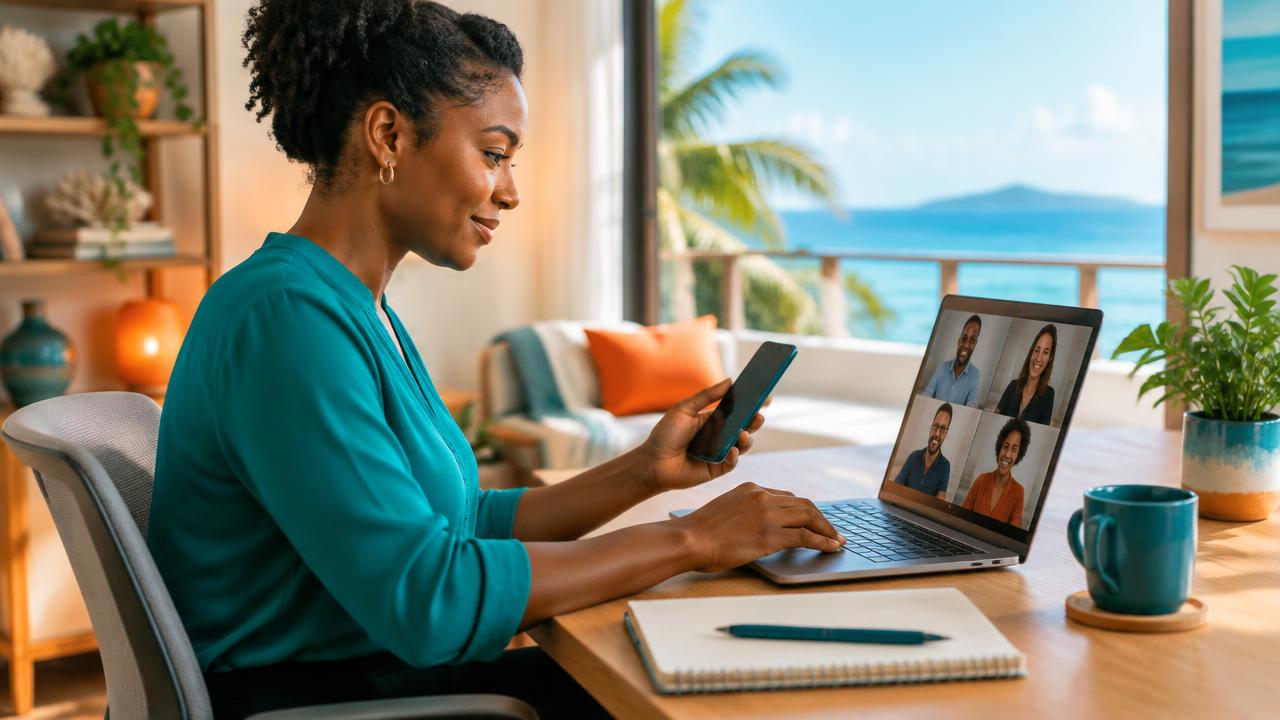Professional collaborating securely from a bright Caribbean home office.