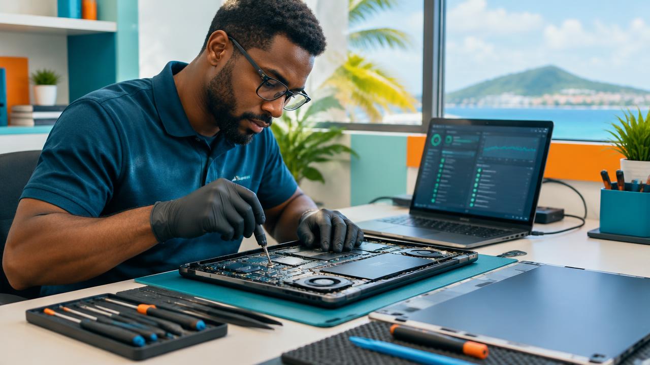 Fresh Mango technician diagnosing and repairing a business laptop.