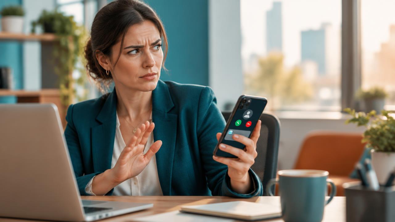 Office worker treating an unexpected phone call and text message with caution.