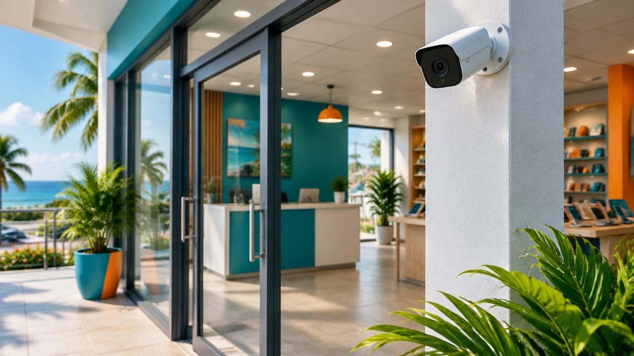 Security camera protecting the entrance to a Caribbean business premises.