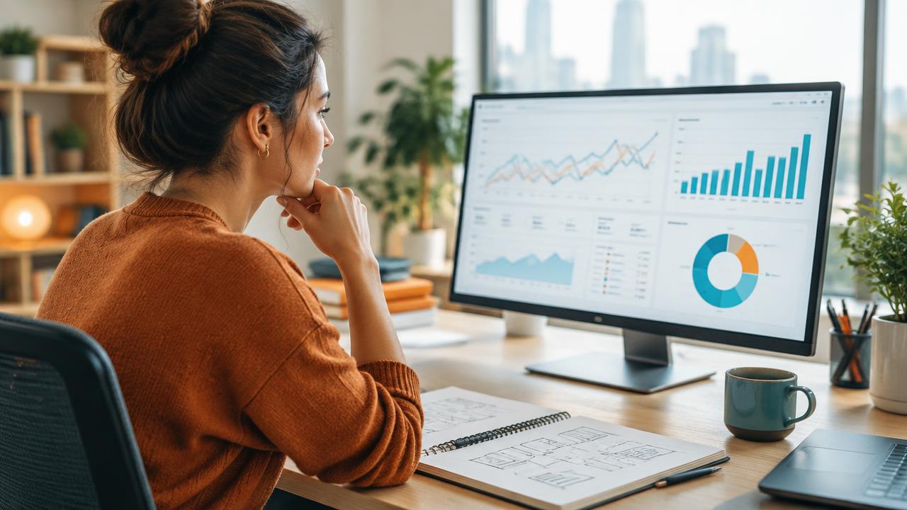 Marketer reviewing website traffic and search performance charts.