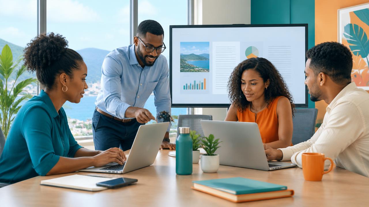 Business team collaborating on shared documents in a bright Caribbean office.