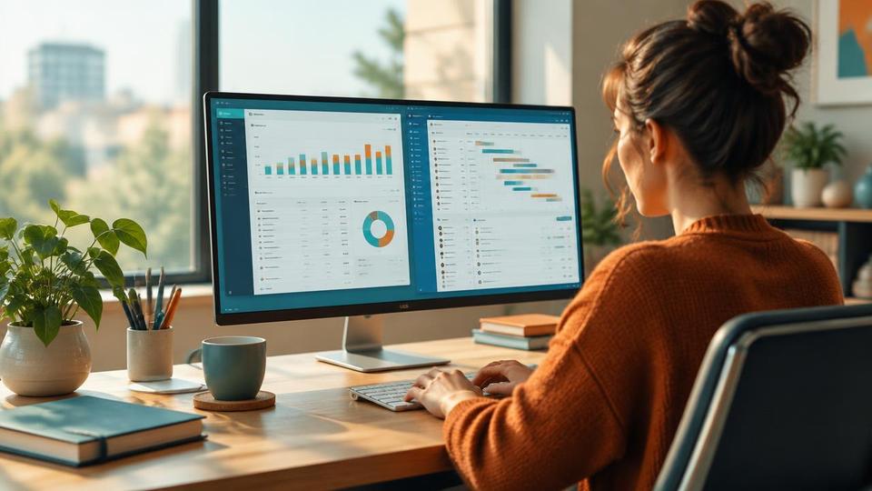 Professional working across business software applications on a monitor.