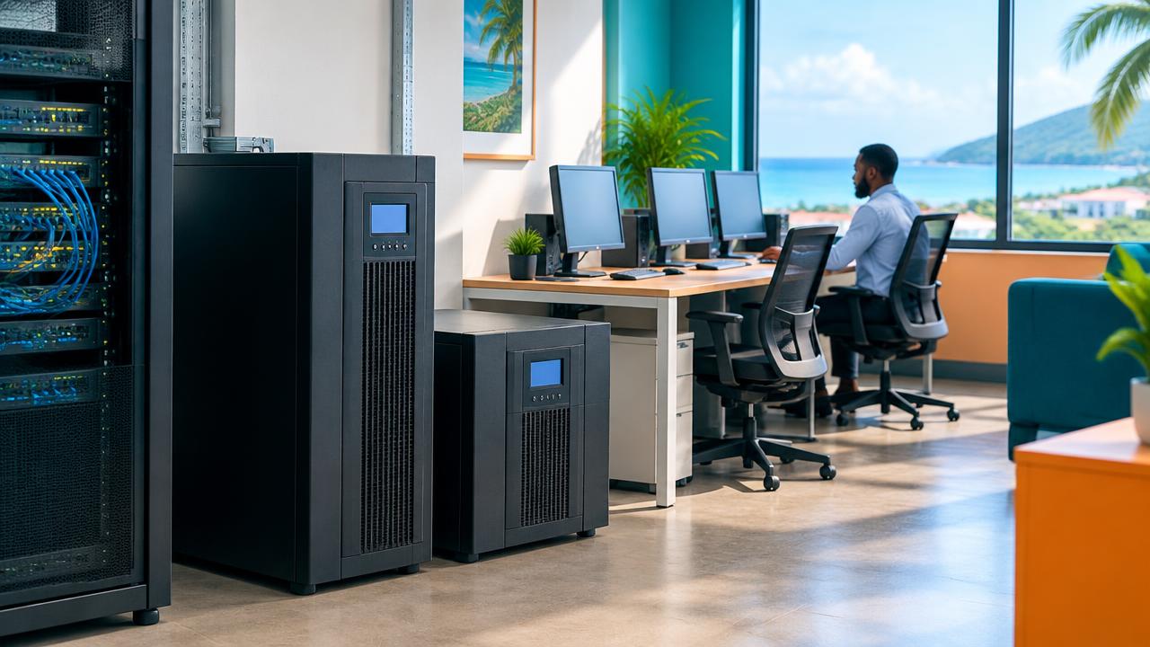 Uninterruptible power supply units protecting office technology and network equipment.