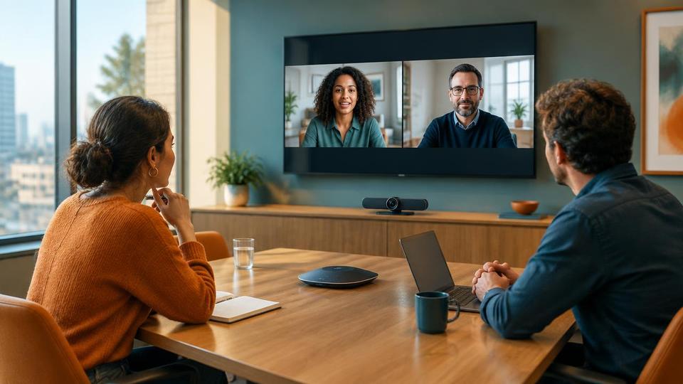 Colleagues joining a hybrid video meeting in a small boardroom.