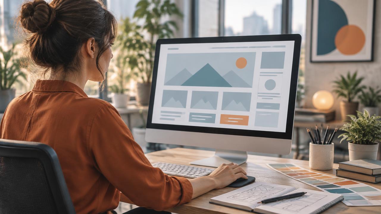 Designer building a professional business website layout on screen.