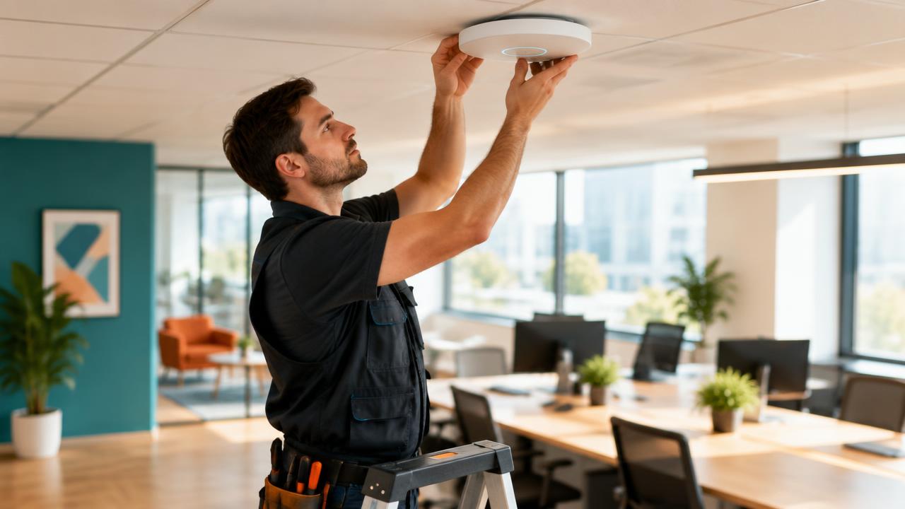 Engineer installing a business wireless access point in a modern office.