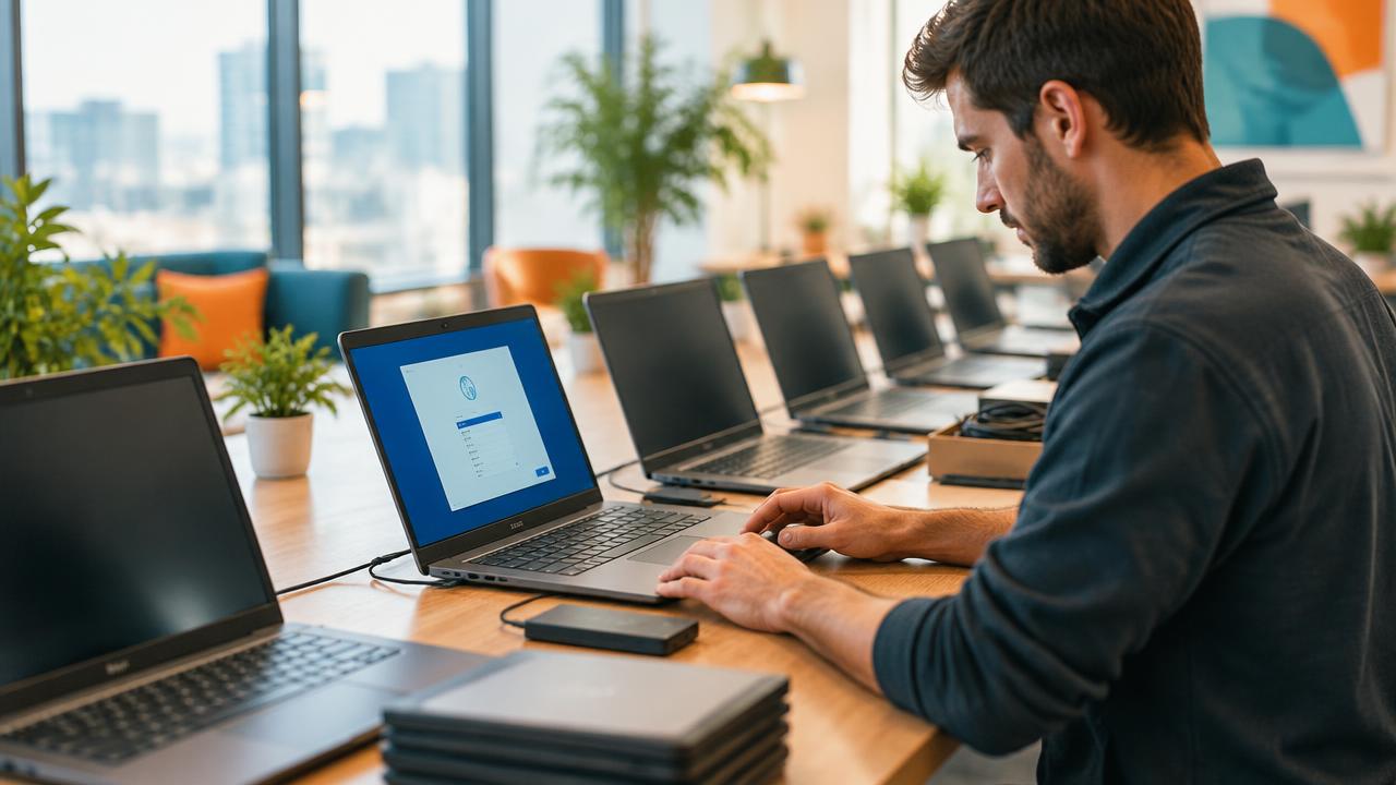 Technician upgrading a business computer to a supported Windows version.
