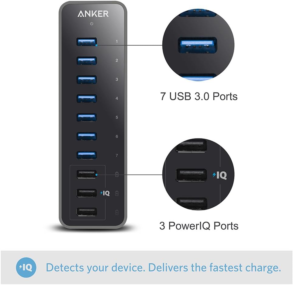 Anker 10-Port 60W USB 3.0 Hub with 7 Data Transfer Ports and 3 PowerIQ Charging Ports