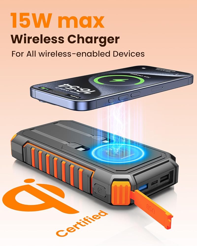 Solar Power Bank, 36000mah Wireless Battery Bank, 22.5W Fast Charging Portable Charger Built in Cables, PD 3.0 QC 4.0 External Battery Pack with USB C for Phone Tablet, Flashlights