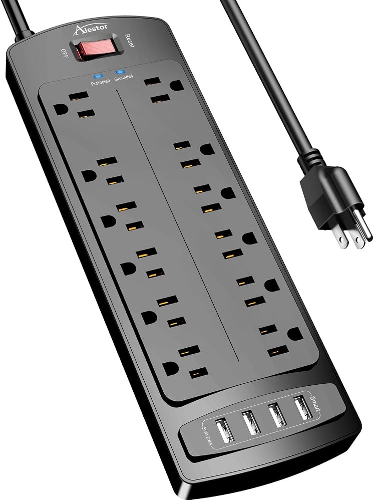 ALESTOR Surge Protector with 12 Outlets and 4 USB Ports, 6 Feet Extension Cord