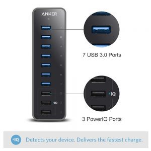 Anker 10-Port 60W USB 3.0 Hub with 7 Data Transfer Ports and 3 PowerIQ Charging Ports