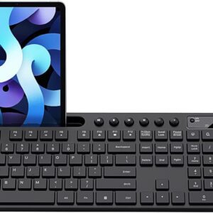 Ergonomic Wireless Computer Keyboard with Phone Tablet Holder, Silent Mouse with 6 Button, Compatible with MacBook, Windows (Black)